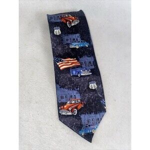 American Lifestyle Classic Cars Flags Route 66 Men Silk Tie Patriotic USA Muscle